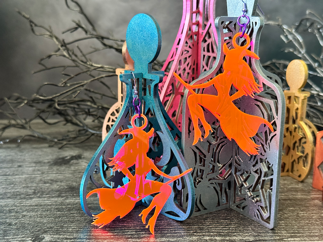Witch Riding Broom Dangle Earrings