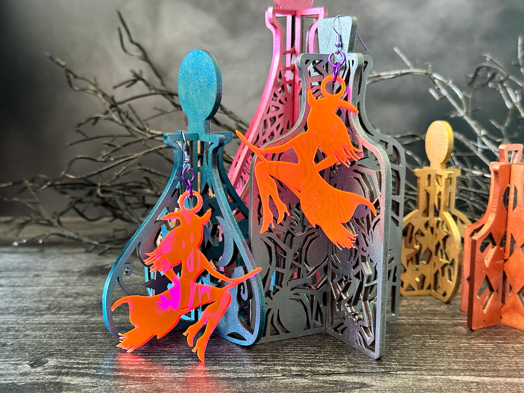 Witch Riding Broom Dangle Earrings