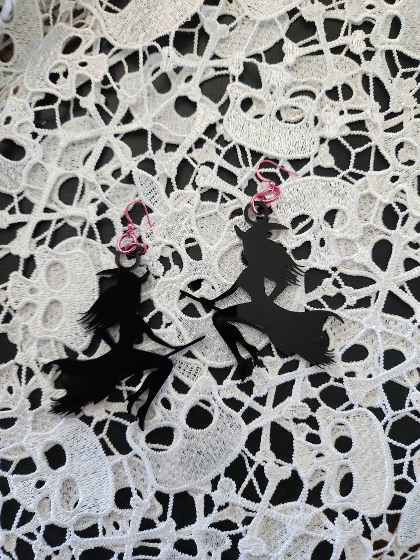 Witch Riding Broom Dangle Earrings